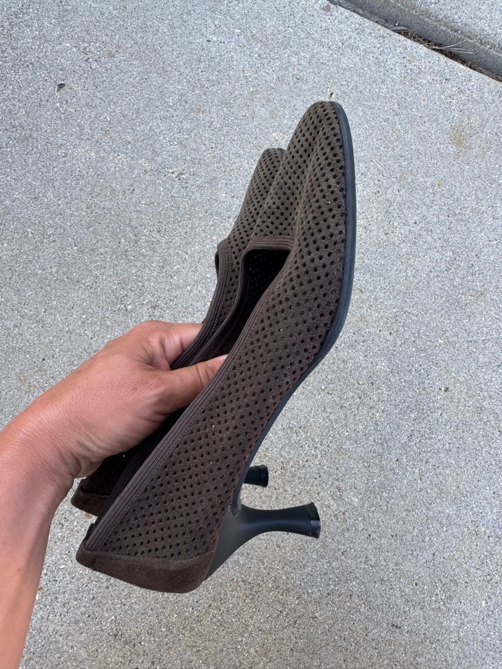 Stuart Weitzman Brown Perforated Pointed-Toe Ballet Flats with kitten heel. 8.